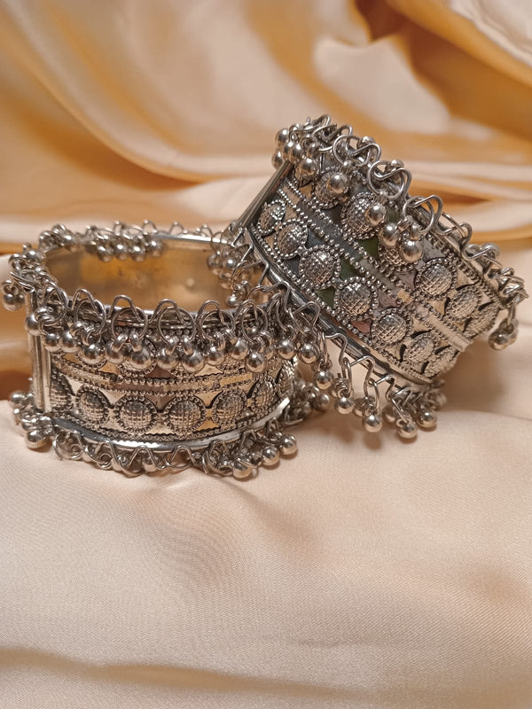 Set of 2 Adjustable Silver-Plated Kada with Bell Beads
