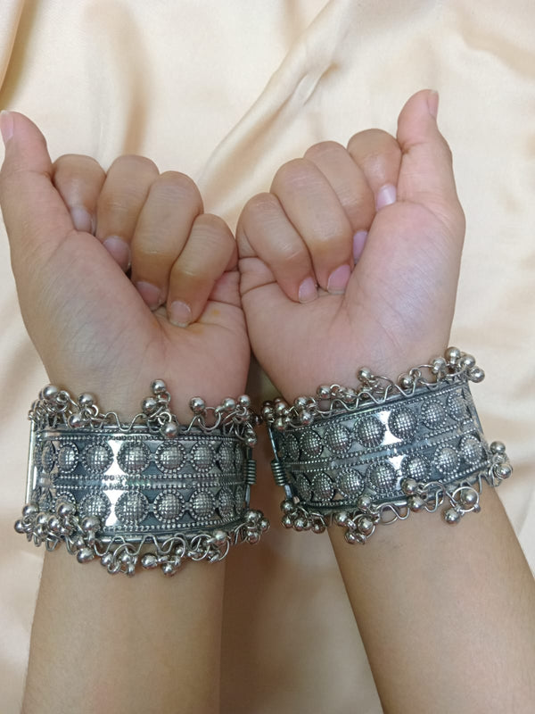 Set of 2 Adjustable Silver-Plated Kada with Bell Beads