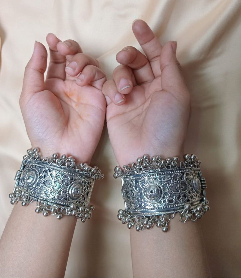 Set of 2 Adjustable Silver-Plated Kada with Bell Beads