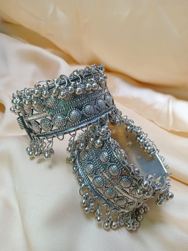 Set of 2 Adjustable Silver-Plated Kada with Bell Beads